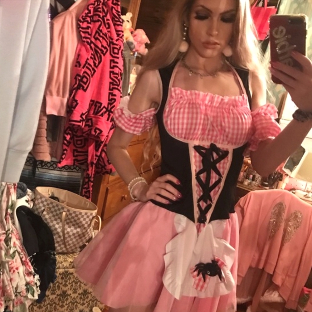S/M LIL MISS MUFFET LEG AVENUE PINK GINGHAM PLAID DRESS HALLOWEEN COSTUME - Picture 3 of 14